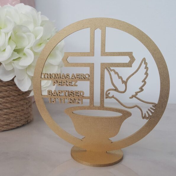 laser cut wooden gold baptism keepsake