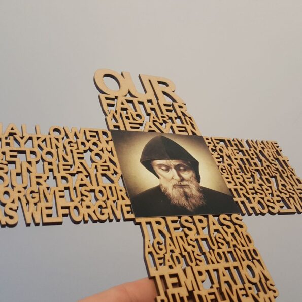 raw wooden lords prayer cross saint charbel