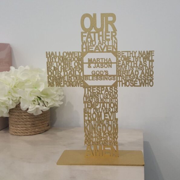 our father cross prayer laser cut gold wooden