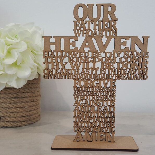 raw wooden our father prayer cross laser cut