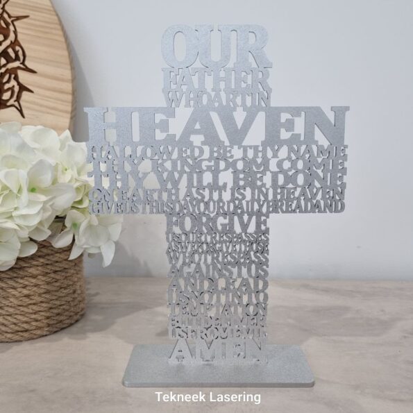 our father prayer cross silver wooden laser cut