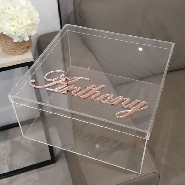 clear acrylic box keepsake gift rose gold mirror name