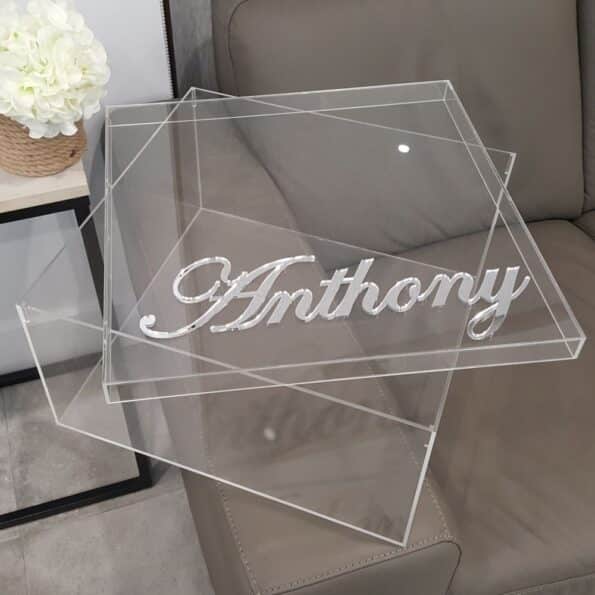 clear acrylic box keepsake gift silver name lid