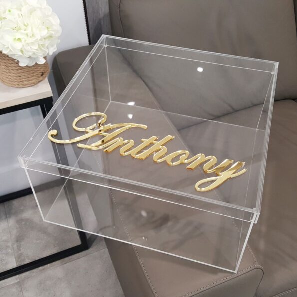 clear acrylic box keepsake gift gold mirror name