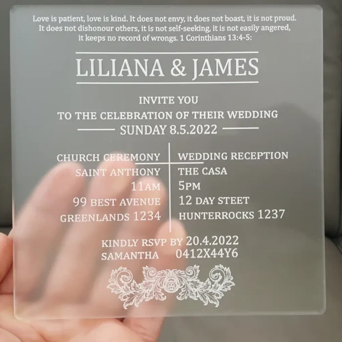 satin matt clear acrylic invitation laser cut