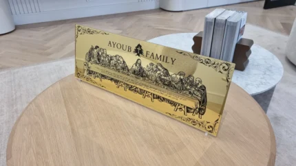 Personalised gold acrylic Last Supper plaque with Arabic Our Father, family name and clear stand