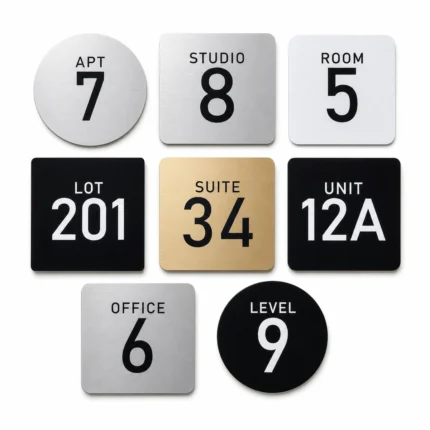Custom door number signs in acrylic for apartments rooms suites offices units and levels