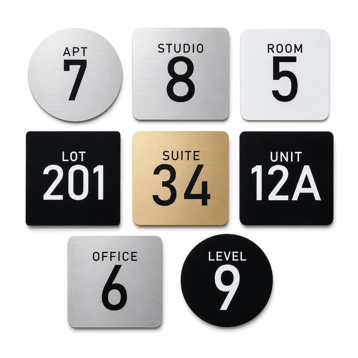 Custom door number signs 2-ply acrylic Custom door number signs in acrylic for apartments rooms suites offices units and levels