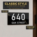 Annotated Classic Style personalised acrylic house number sign showing its two-layer construction: a base layer with a raised house number and street name.
