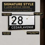 Annotated Signature Style personalised acrylic house number sign showing its three-layer construction: base layer, accent panel, raised street name and raised house number.