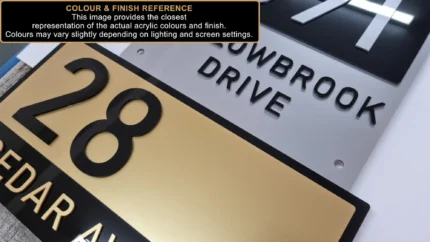 Close-up of black, gold and white layered acrylic house number signs shown as a colour and finish reference.
