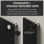 Stainless-steel standoffs with colour-matched acrylic caps for an acrylic house sign